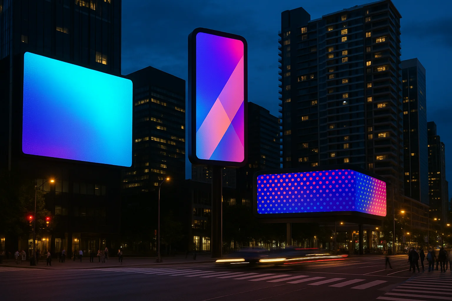 Wieczorna scena miejska z trzema podświetlonymi cyfrowymi billboardami na tle nowoczesnych wieżowców, z pieszymi na przejściu i przejeżdżającymi samochodami.